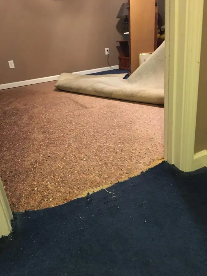 Carpet pad removal revealing water damage during Water Mitigation Services in Lake Goodwin