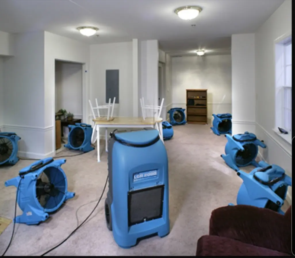 Air movers and dehumidifier setup for Water Damage Restoration in Lake Goodwin